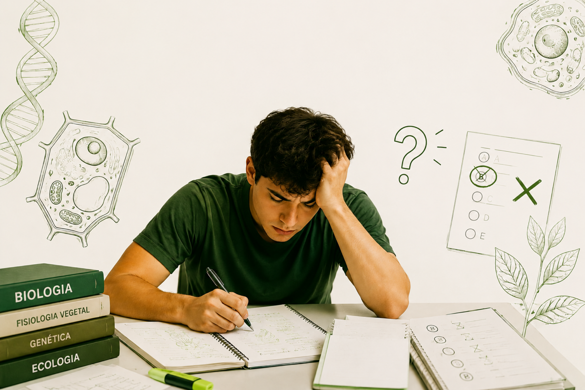 Aluno frustrado revisando biologia e errando a mesma questão de novo