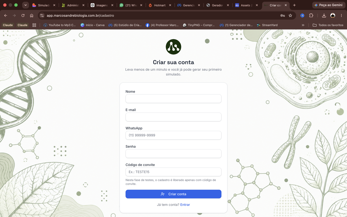 Tela de cadastro do Prepara Bio, leva menos de um minuto