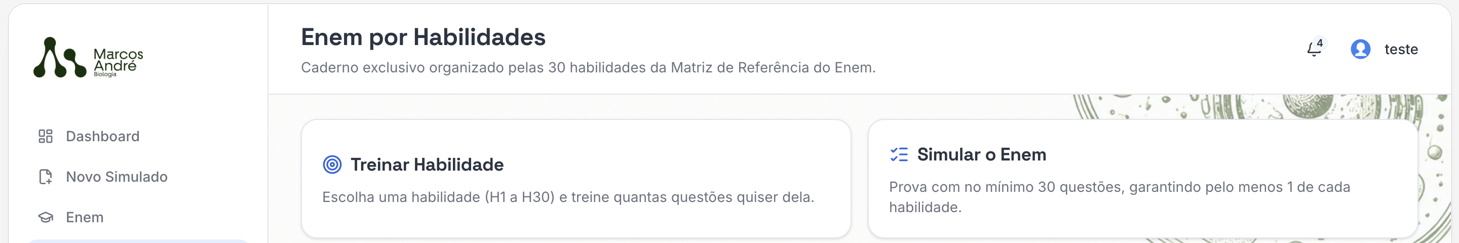 Tela inicial do Caderno Enem por Habilidades, com as opções Treinar Habilidade e Simular o Enem