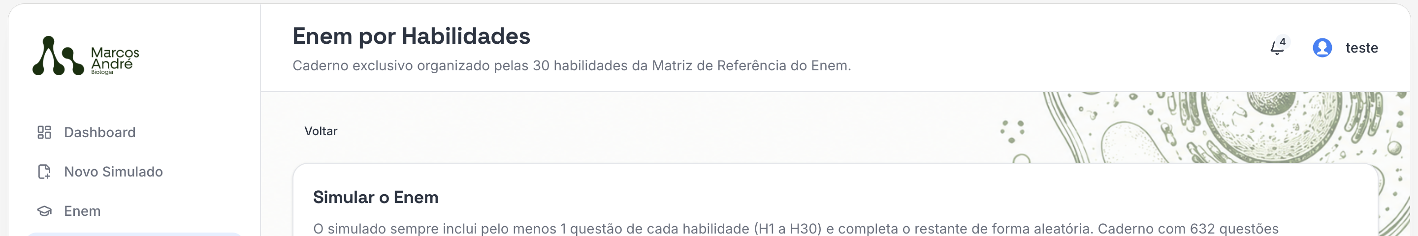 Tela do modo Simular o Enem, com opção de escolher o total de questões e gerar o simulado