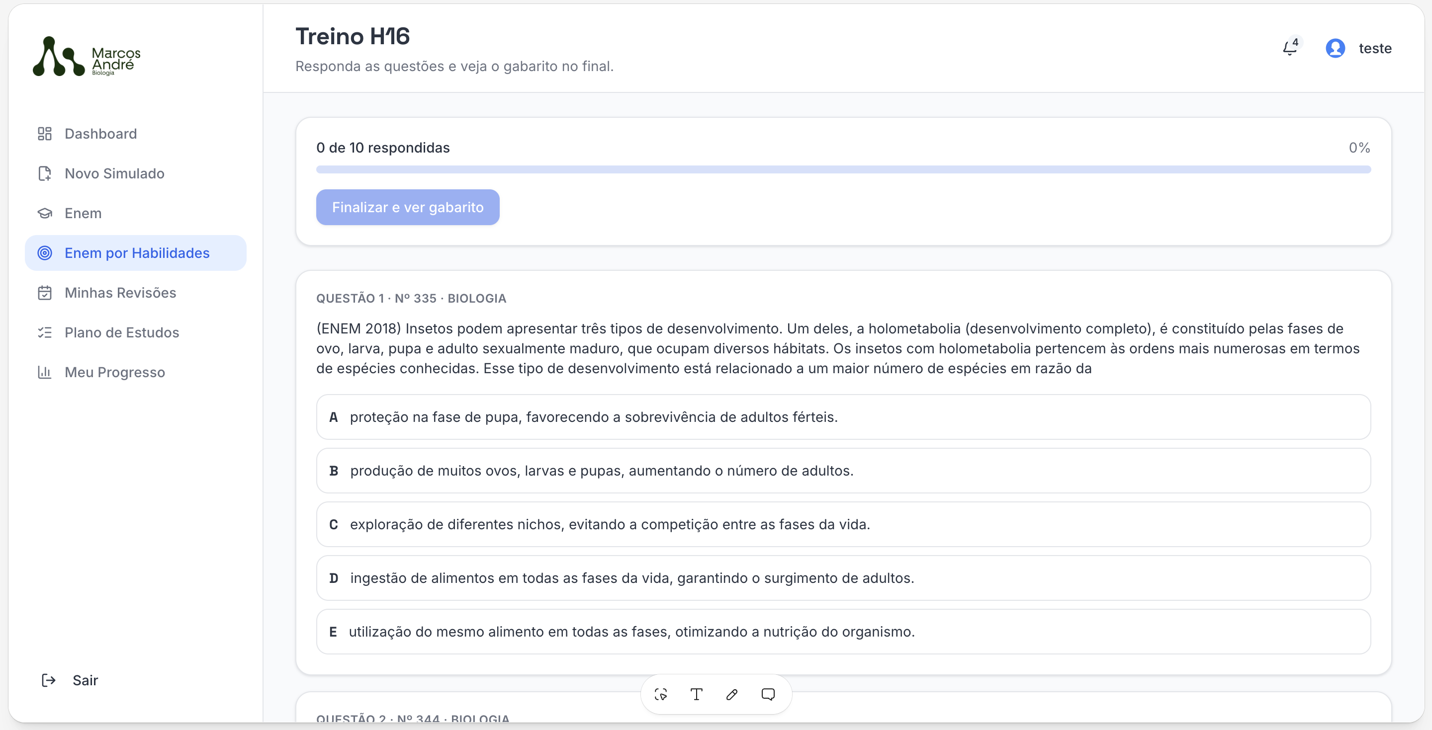 Tela do modo Treinar Habilidade, com questão de biologia e alternativas de A a E