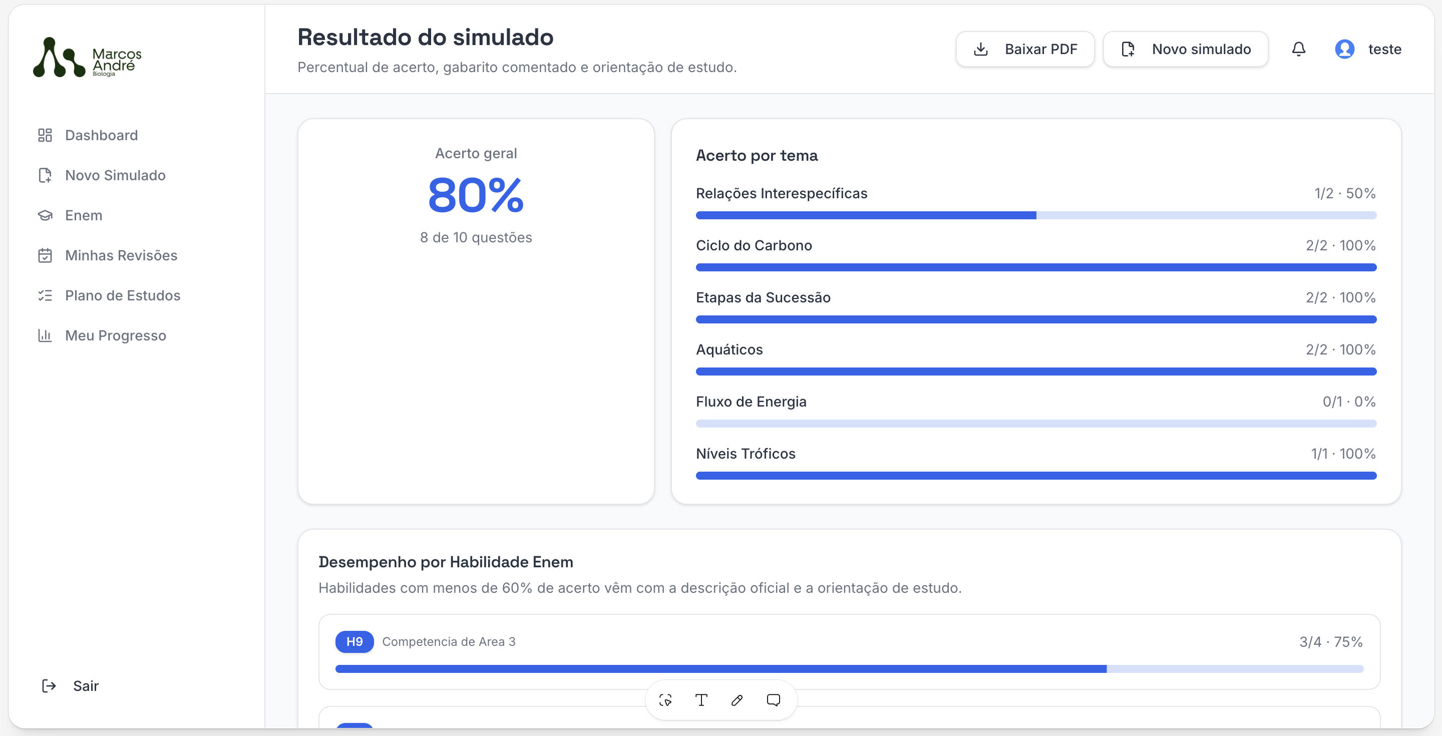 Tela de resultado do simulado, com acerto por tema e desempenho por habilidade do Enem